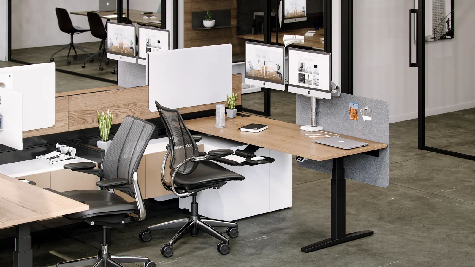 Interior visualization with reflections, scale cues, and product presence