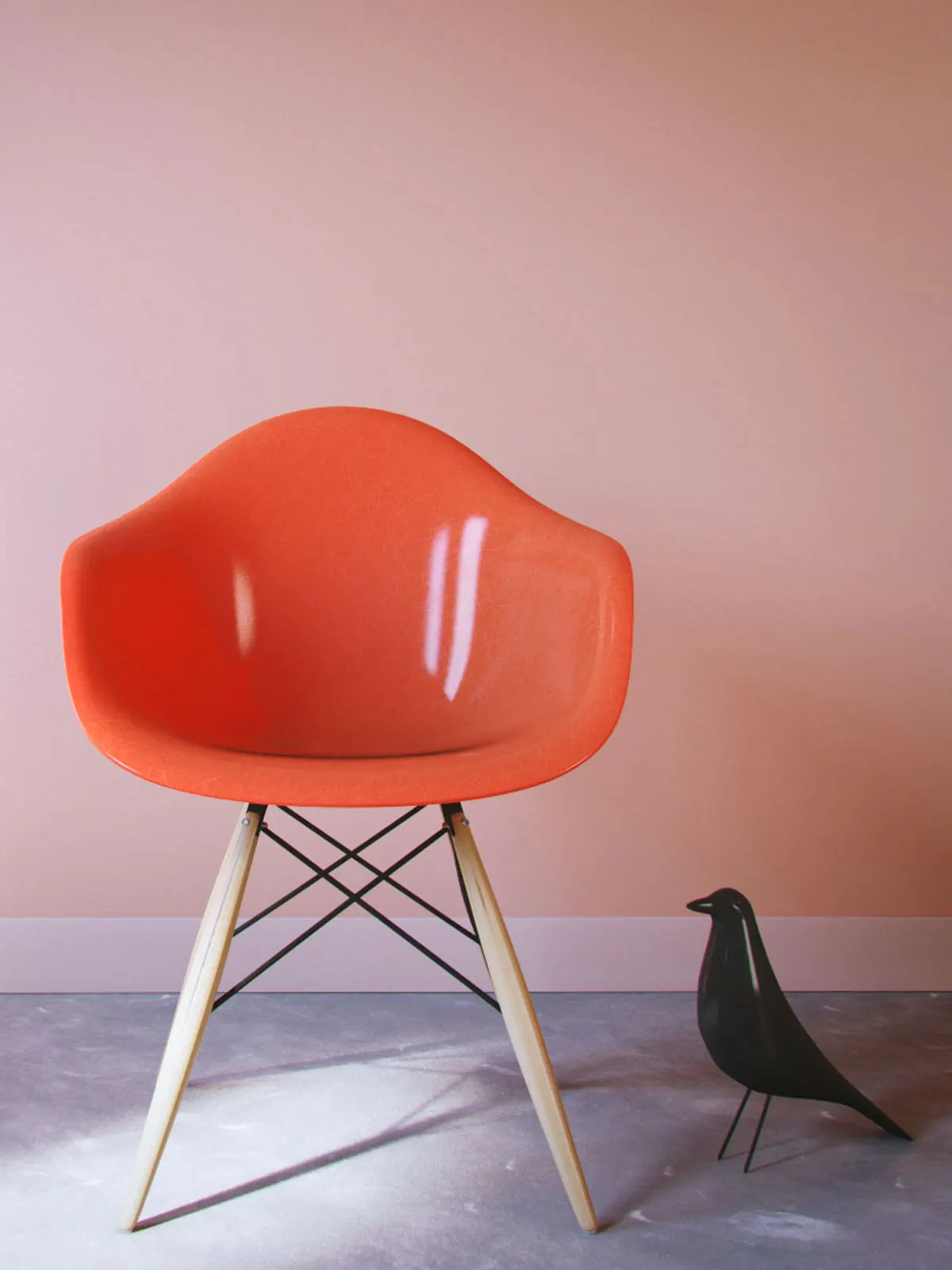 Product rendering of a molded chair in a studio setting