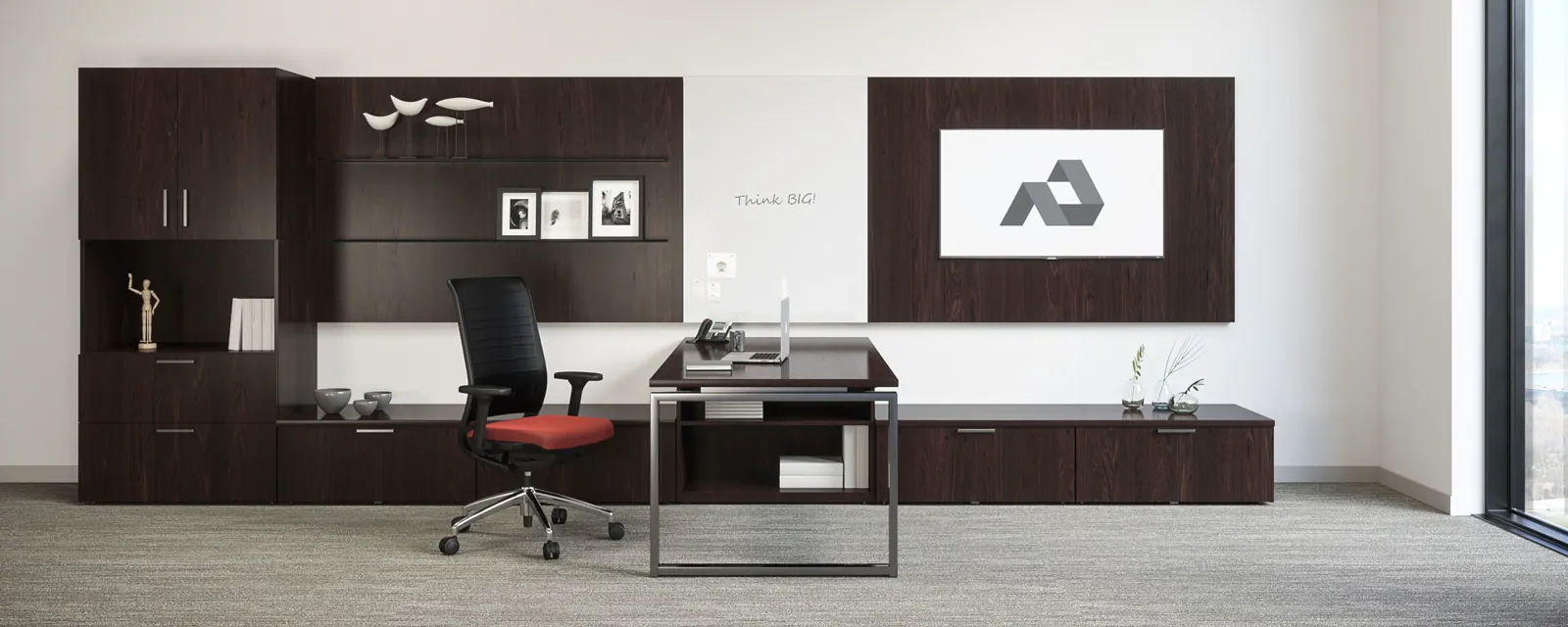 Wide office rendering showing workplace layout and scale