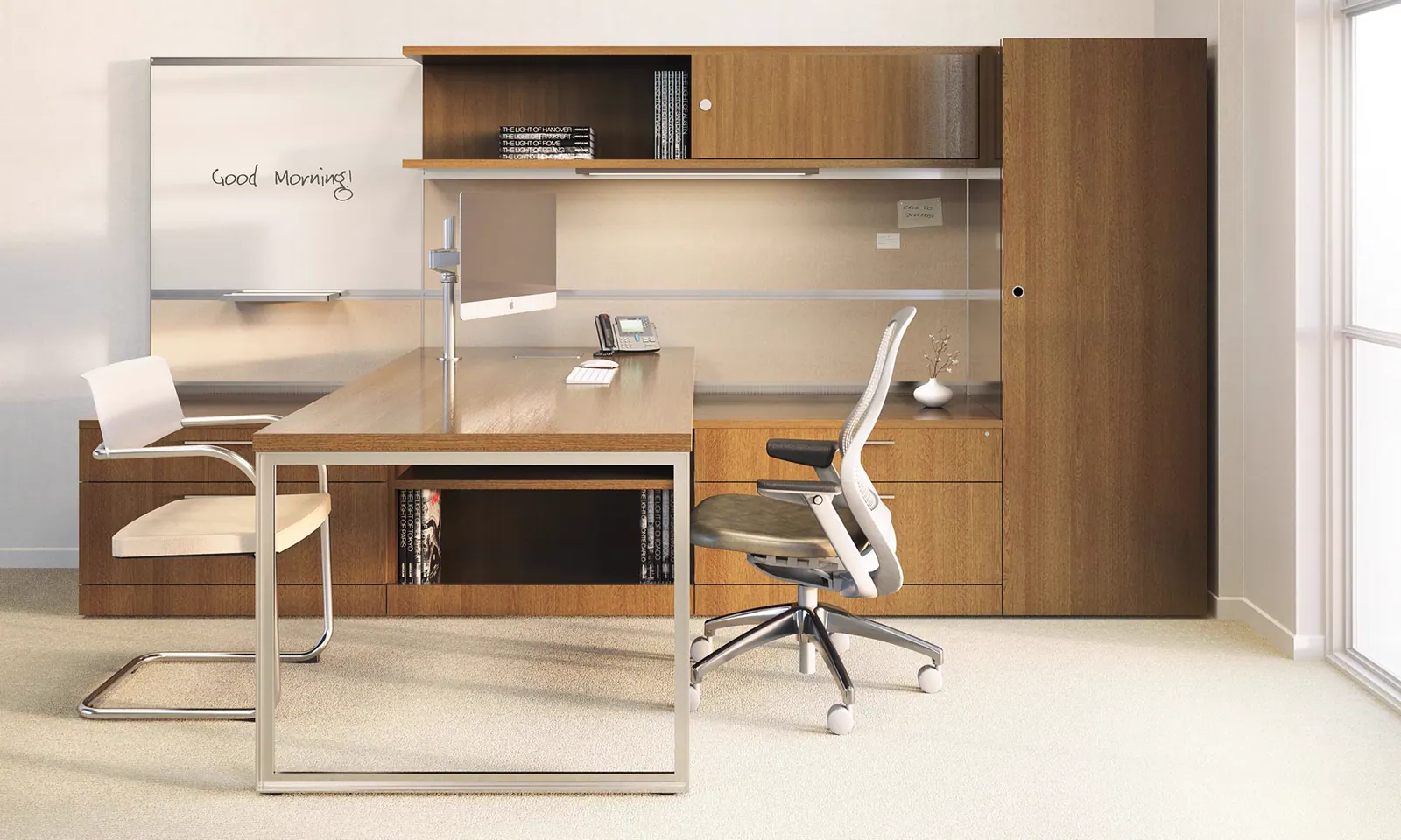 Private office rendering with desk, seating, and finish details