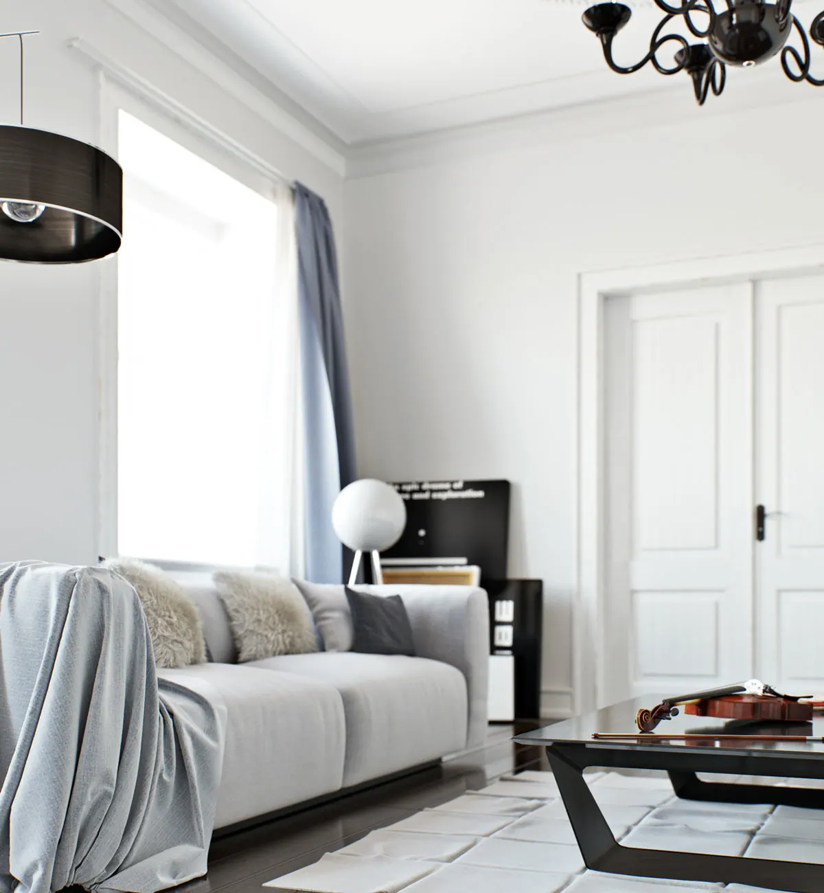 Commercial interior rendering with furniture and material context