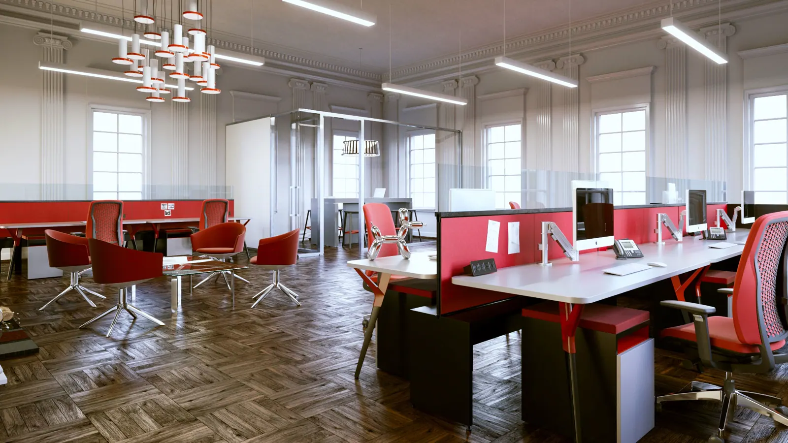 Open office rendering with workstations and soft seating