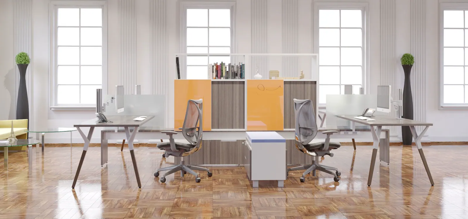 Open workplace rendering with desks, seating, and architectural context