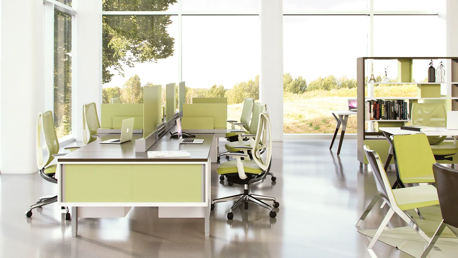 Workstation rendering showing product scale and workplace fit